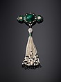 Shoulder Brooch, Cartier (French, founded Paris, 1847), Brooch: platinum, set with emeralds, rubies, diamonds, enamel, and gold; tassel: pearls and onyx beads